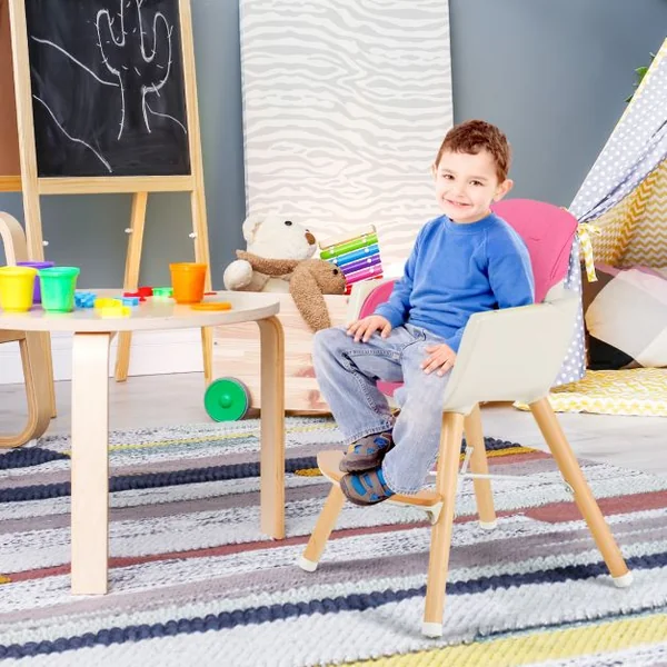 Chaise Haute 2 en 1 pour Bébé 3 Hauteurs Réglables Harnais de Sécurité en PE PP PU Bois, 52x56x83cm, Rose