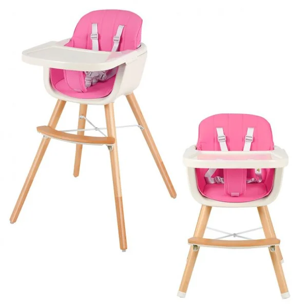 Chaise Haute 2 en 1 pour Bébé 3 Hauteurs Réglables Harnais de Sécurité en PE PP PU Bois, 52x56x83cm, Rose