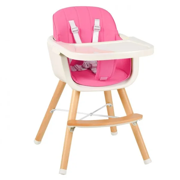 Chaise Haute 2 en 1 pour Bébé 3 Hauteurs Réglables Harnais de Sécurité en PE PP PU Bois, 52x56x83cm, Rose