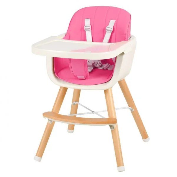 Chaise Haute 2 en 1 pour Bébé 3 Hauteurs Réglables Harnais de Sécurité en PE PP PU Bois, 52x56x83cm, Rose
