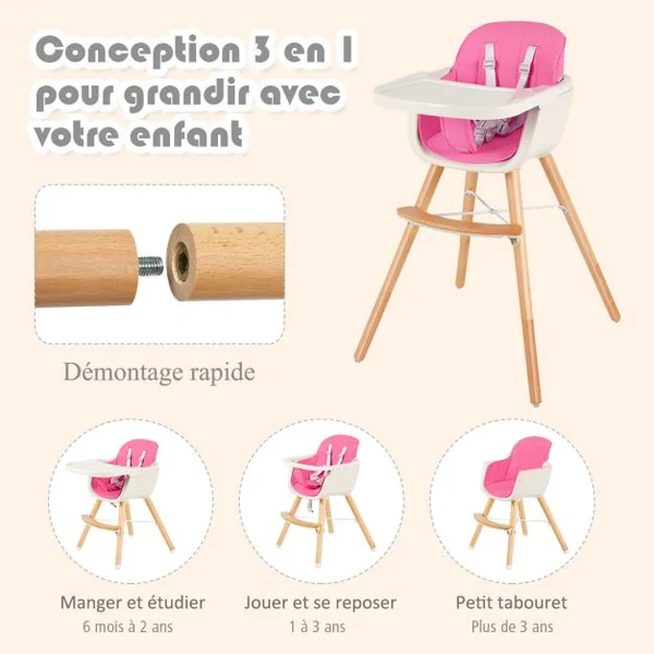 Chaise Haute 2 en 1 pour Bébé 3 Hauteurs Réglables Harnais de Sécurité en PE PP PU Bois, 52x56x83cm, Rose