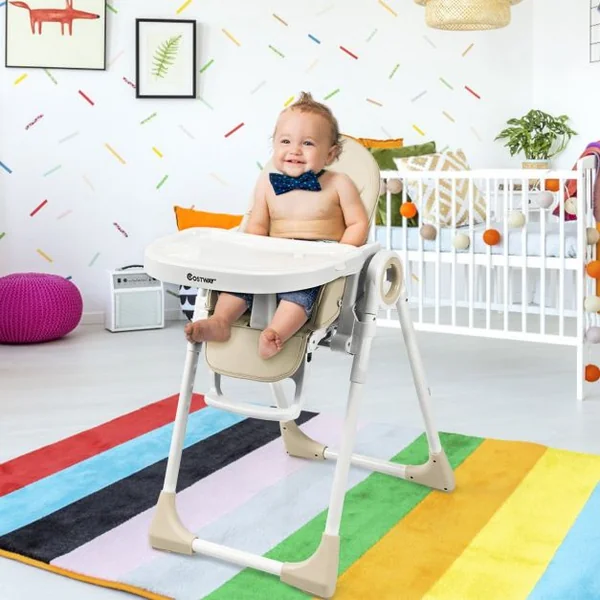 Chaise Haute 2 en 1 pour Bébé de 6-36 Mois Pliable Hauteur et Angle Réglables Capacité 20kg en Pp 56x72x100cm Beige