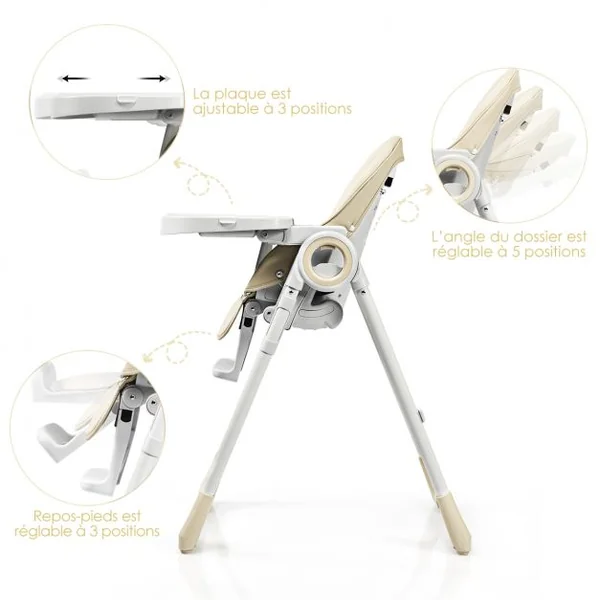 Chaise Haute 2 en 1 pour Bébé de 6-36 Mois Pliable Hauteur et Angle Réglables Capacité 20kg en Pp 56x72x100cm Beige