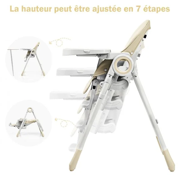 Chaise Haute 2 en 1 pour Bébé de 6-36 Mois Pliable Hauteur et Angle Réglables Capacité 20kg en Pp 56x72x100cm Beige