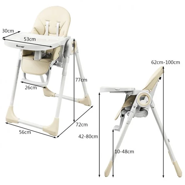 Chaise Haute 2 en 1 pour Bébé de 6-36 Mois Pliable Hauteur et Angle Réglables Capacité 20kg en Pp 56x72x100cm Beige