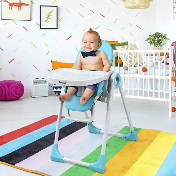 Chaise Haute 2 en 1 pour Bébé de 6-36 Mois Pliable Hauteur et Angle Réglables Capacité 20kg en PP 56x72x100cm Bleu