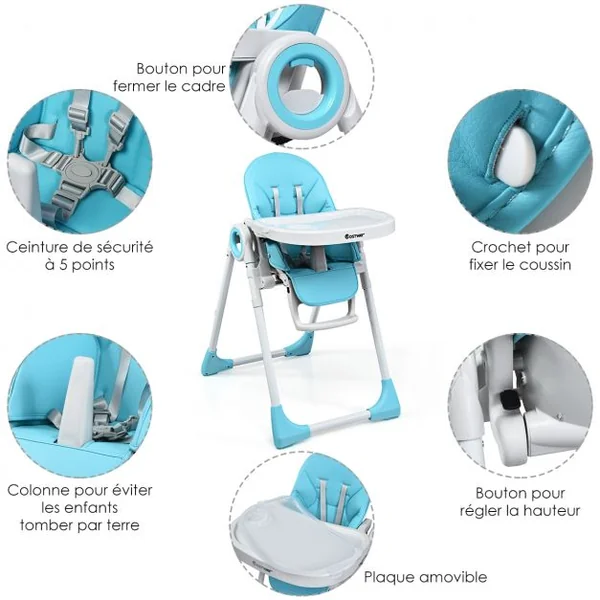 Chaise Haute 2 en 1 pour Bébé de 6-36 Mois Pliable Hauteur et Angle Réglables Capacité 20kg en PP 56x72x100cm Bleu