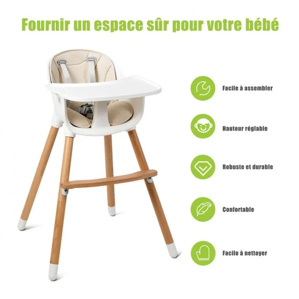 Chaise Haute Bébé Convertible 2 en 1 de 6 Mois à 3 Ans Capacité 15 Kg Hauteur Réglable Repose-pieds Plateau 57x57x83cm