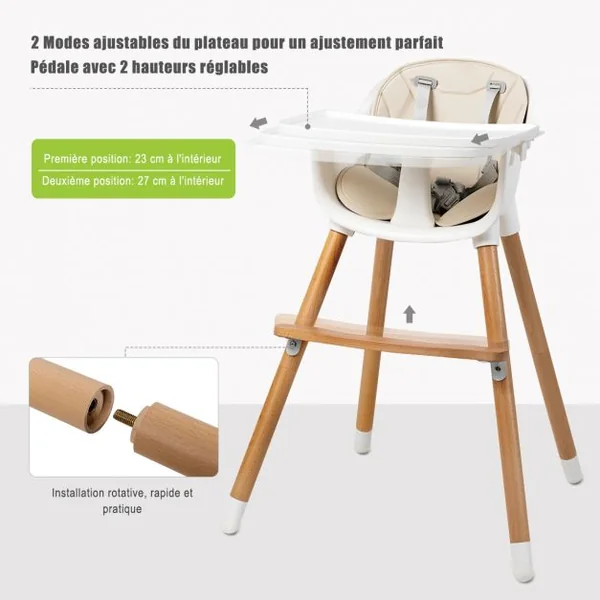 Chaise Haute Bébé Convertible 2 en 1 de 6 Mois à 3 Ans Capacité 15 Kg Hauteur Réglable Repose-pieds Plateau 57x57x83cm