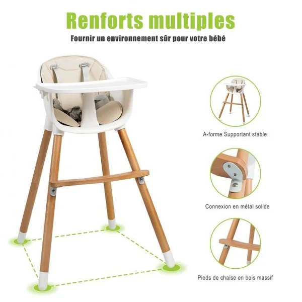 Chaise Haute Bébé Convertible 2 en 1 de 6 Mois à 3 Ans Capacité 15 Kg Hauteur Réglable Repose-pieds Plateau 57x57x83cm