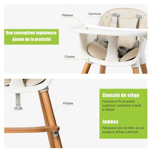 Chaise Haute Bébé Convertible 2 en 1 de 6 Mois à 3 Ans Capacité 15 Kg Hauteur Réglable Repose-pieds Plateau 57x57x83cm