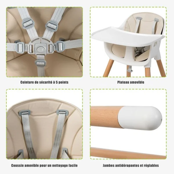Chaise Haute Bébé Convertible 2 en 1 de 6 Mois à 3 Ans Capacité 15 Kg Hauteur Réglable Repose-pieds Plateau 57x57x83cm