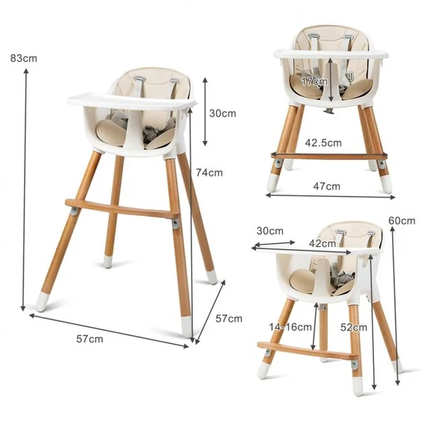 Chaise Haute Bébé Convertible 2 en 1 de 6 Mois à 3 Ans Capacité 15 Kg Hauteur Réglable Repose-pieds Plateau 57x57x83cm