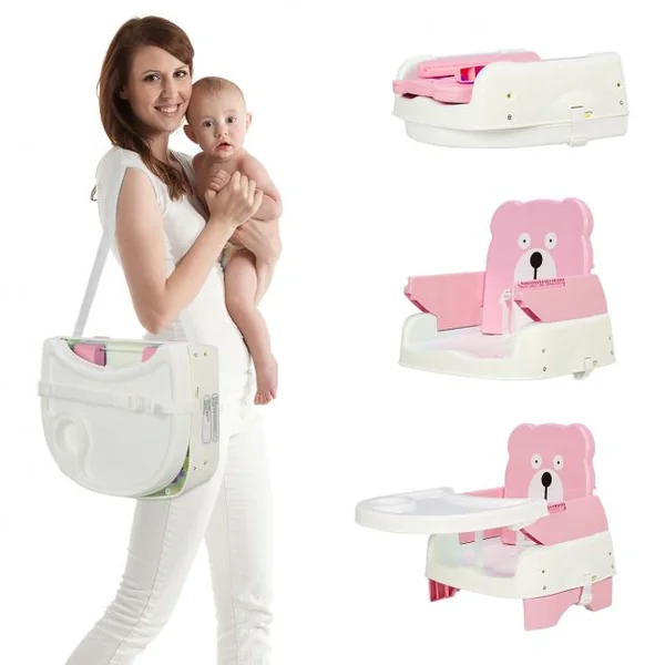 Chaise haute bébé pliable Hauteur et ceinture réglables Dossier et tablette inclinables en PP/ acier, 61x62x89cm, Rose