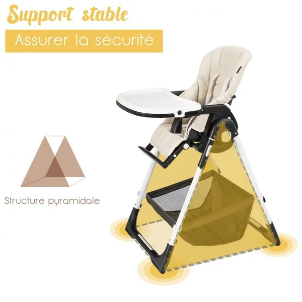 Chaise Haute Bébé Pliable pour 0-5Ans Charge 15KG 6 Réglages en Hauteur Beige