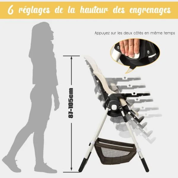 Chaise Haute Bébé Pliable pour 0-5Ans Charge 15KG 6 Réglages en Hauteur Beige