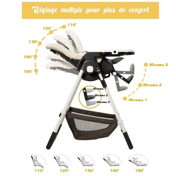 Chaise Haute Bébé Pliable pour 0-5Ans Charge 15KG 6 Réglages en Hauteur Beige