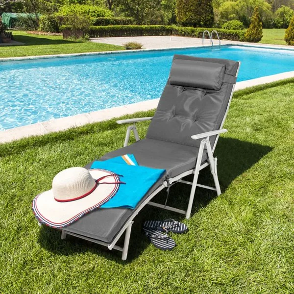 Chaise Longue de Jardin Transat Relax Pliant Coussin et Oreiller Amovibles en Textilène et Acier 178x63,5x101cm Gris