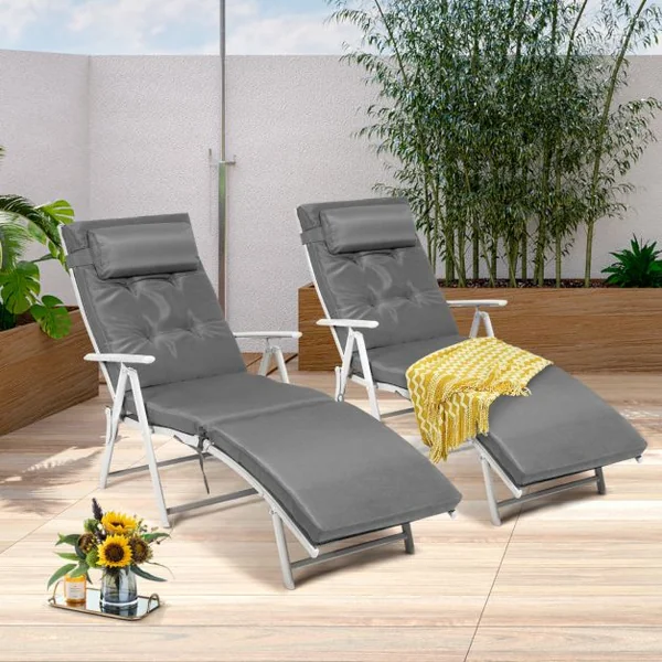 Chaise Longue de Jardin Transat Relax Pliant Coussin et Oreiller Amovibles en Textilène et Acier 178x63,5x101cm Gris