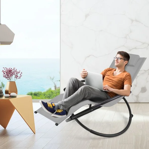Chaise Longue à Bascule Pliante Coussin Repose-Tête Amovible Porte-Gobelet 180 kg max en Acier 80x158x86,5cm Gris