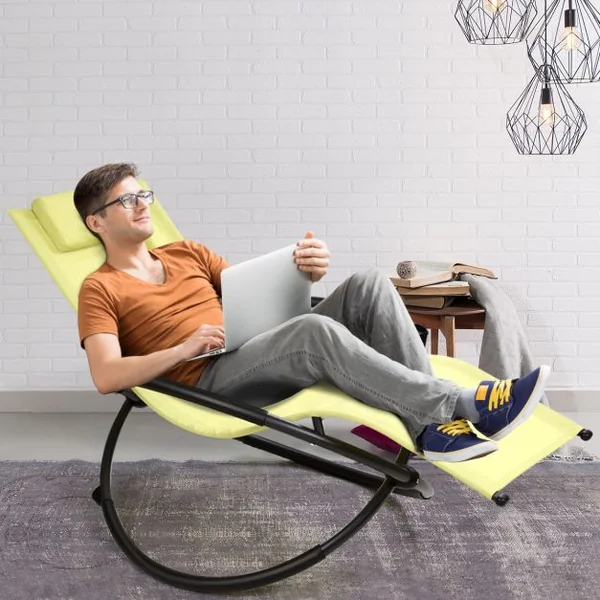 Chaise Longue à Bascule Pliante Coussin Repose-Tête Amovible Porte-Gobelet, 180 kg max en Acier 80x158x86,5cm Vert