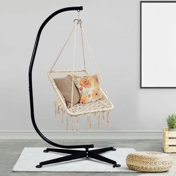 Chaise Suspendue 1 Place en Forme Carré Chaise Hamac Capacité 120 kg en Fer et Corde de Coton 64x55x125cm Beige