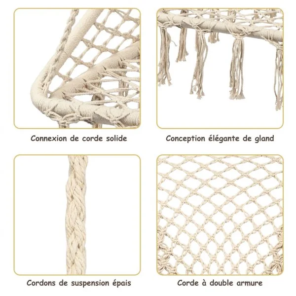 Chaise Suspendue 1 Place en Forme Carré Chaise Hamac Capacité 120 kg en Fer et Corde de Coton 64x55x125cm Beige