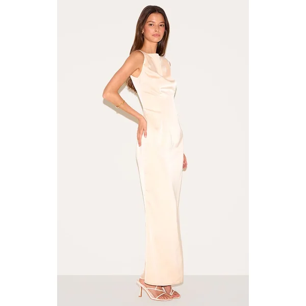 Champagne Robe Longue De Demoiselle D'honneur En Satin Col Bateau