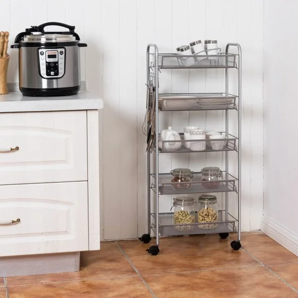 Chariot de Cuisine Roulant Verrouillables 5 Paniers de Rangement Capacité Par Niveau 5 Kg en Fer 43,5x26x104cm Gris