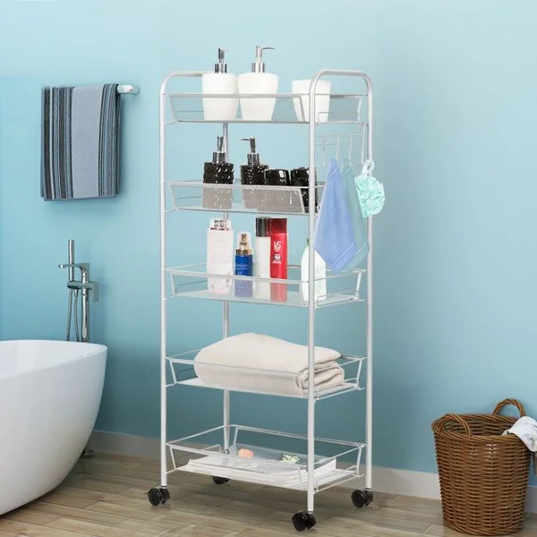 Chariot de Cuisine Roulant Verrouillables 5 Paniers de Rangement Capacité Par Niveau 5 Kg en Fer 43,5x26x104cm Gris