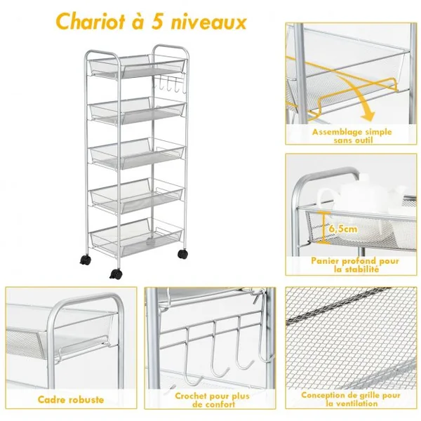 Chariot de Cuisine Roulant Verrouillables 5 Paniers de Rangement Capacité Par Niveau 5 Kg en Fer 43,5x26x104cm Gris