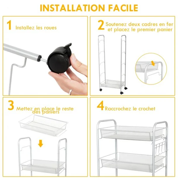 Chariot de Cuisine Roulant Verrouillables 5 Paniers de Rangement Capacité Par Niveau 5 Kg en Fer 43,5x26x104cm Gris