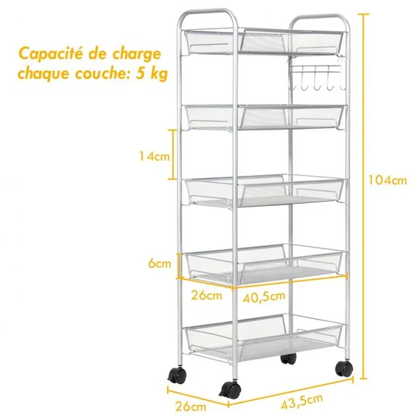 Chariot de Cuisine Roulant Verrouillables 5 Paniers de Rangement Capacité Par Niveau 5 Kg en Fer 43,5x26x104cm Gris