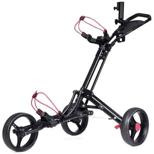 Chariot de Golf 3 Roues Pliable avec Porte-parapluie et Porte-tee Frein Au Pied et Poignée Rembourrée en Aluminium Noir