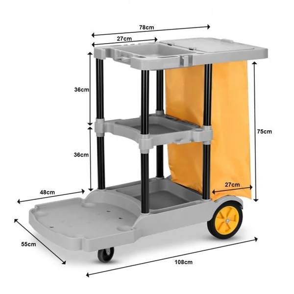 Chariot de Nettoyage avec sac poubelle 85L, 3 Plateaux,4 Roulettes pour Hôtel, Restaurant, Bureau, 108x55.5x98cm, Gris