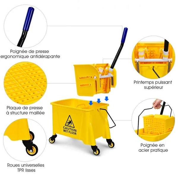 Chariot de Nettoyage avec Seau de Lavage de 20L Professtionelle pour Vadrouille/Balis 60 x 28 x 70 CM