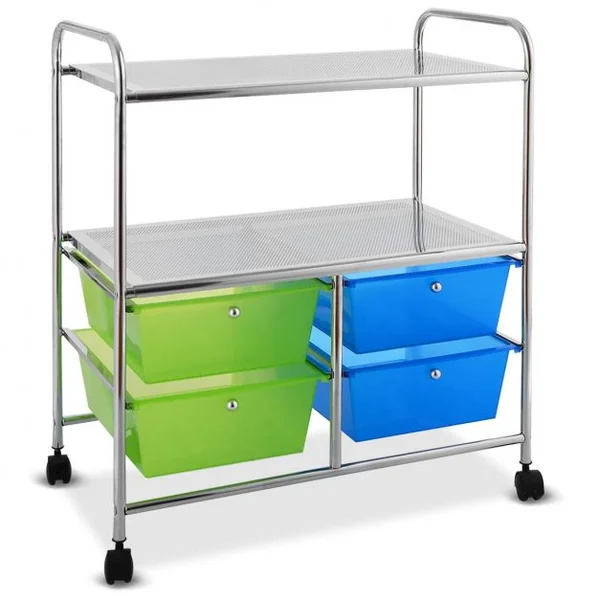 Chariot de Rangement Desserte à Roulettes avec freins 2 Étagères et 4 Tiroirs en PP et Acier, 63x37x73,5cm, Bleu Vert