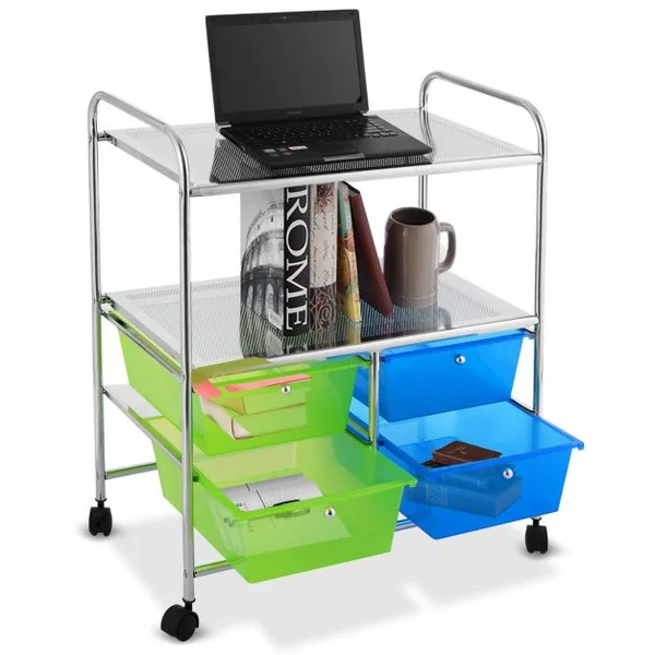 Chariot de Rangement Desserte à Roulettes avec freins 2 Étagères et 4 Tiroirs en PP et Acier, 63x37x73,5cm, Bleu Vert