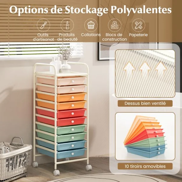Chariot de Rangement Roulant 10 Tiroirs Amovibles Desserte pour Bureau Classeur à Roulettes 32,5x37x86cm 12 Couleurs