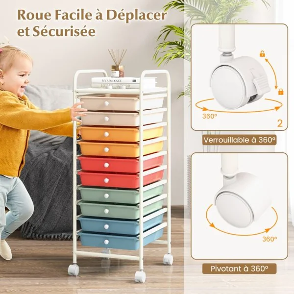 Chariot de Rangement Roulant 10 Tiroirs Amovibles Desserte pour Bureau Classeur à Roulettes 32,5x37x86cm 12 Couleurs