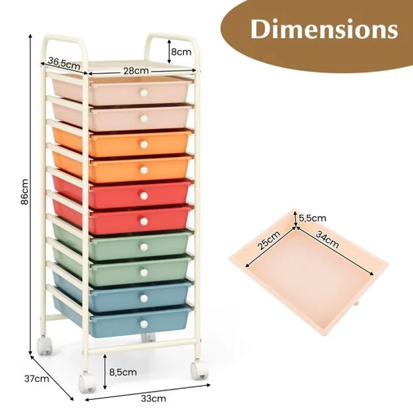 Chariot de Rangement Roulant 10 Tiroirs Amovibles Desserte pour Bureau Classeur à Roulettes 32,5x37x86cm 12 Couleurs