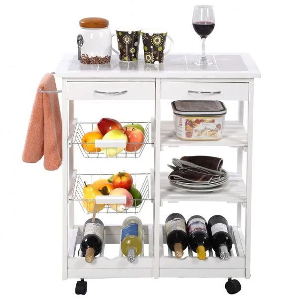 Chariot de Service Roulant Desserte de Cuisine à Roulettes et Étagères et 2 Tiroirs en Bois de Pin 67x37x76cm Blanc