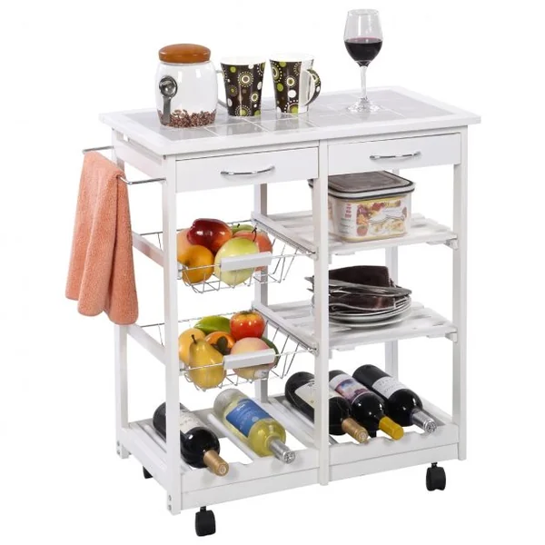Chariot de Service Roulant Desserte de Cuisine à Roulettes et Étagères et 2 Tiroirs en Bois de Pin 67x37x76cm Blanc