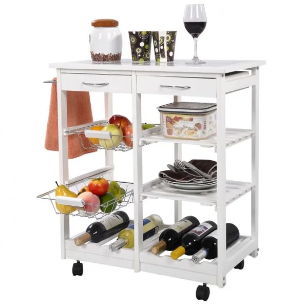 Chariot de Service Roulant Desserte de Cuisine à Roulettes et Étagères et 2 Tiroirs en Bois de Pin 67x37x76cm Blanc