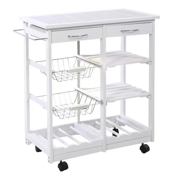 Chariot de Service Roulant Desserte de Cuisine à Roulettes et Étagères et 2 Tiroirs en Bois de Pin 67x37x76cm Blanc