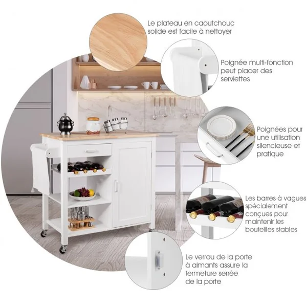 Chariot de Service Roulant Desserte Roulante Tiroir Armoire à Porte Etagères en Mdf Capacité 50kg 100x48x90cm Blanc