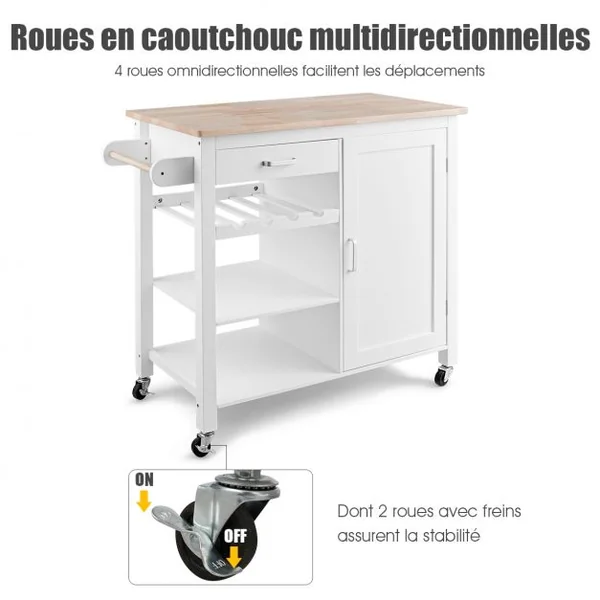 Chariot de Service Roulant Desserte Roulante Tiroir Armoire à Porte Etagères en Mdf Capacité 50kg 100x48x90cm Blanc