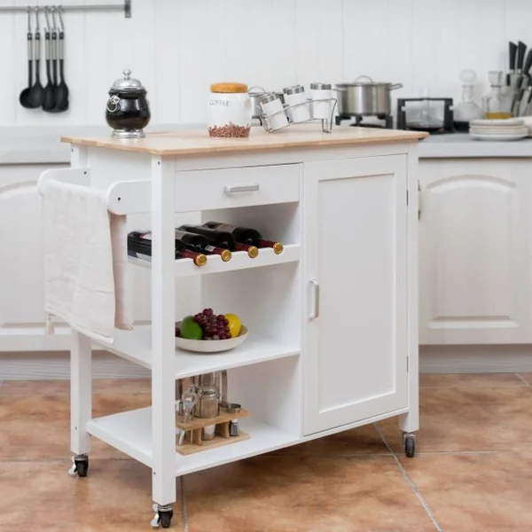 Chariot de Service Roulant Desserte Roulante Tiroir Armoire à Porte Etagères en Mdf Capacité 50kg 100x48x90cm Blanc