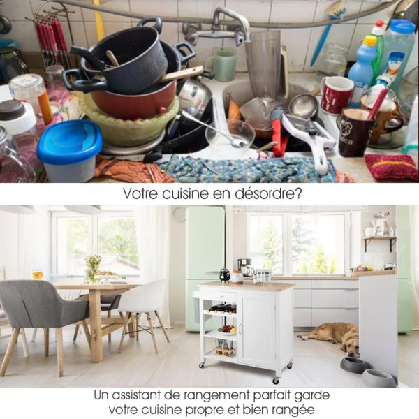 Chariot de Service Roulant Desserte Roulante Tiroir Armoire à Porte Etagères en Mdf Capacité 50kg 100x48x90cm Blanc
