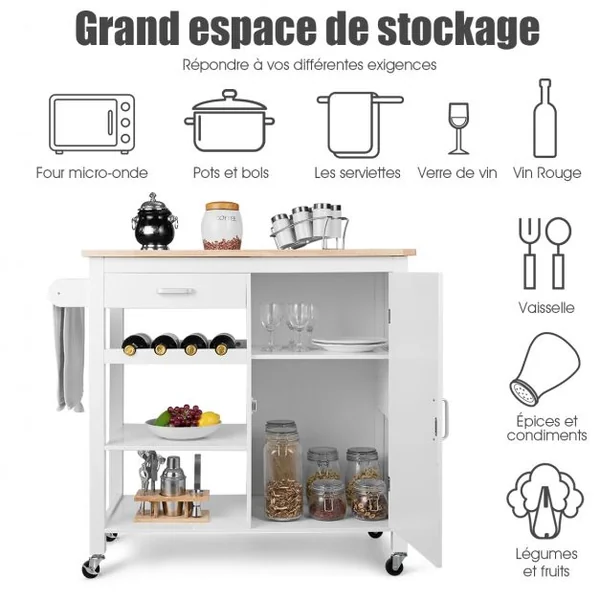Chariot de Service Roulant Desserte Roulante Tiroir Armoire à Porte Etagères en Mdf Capacité 50kg 100x48x90cm Blanc
